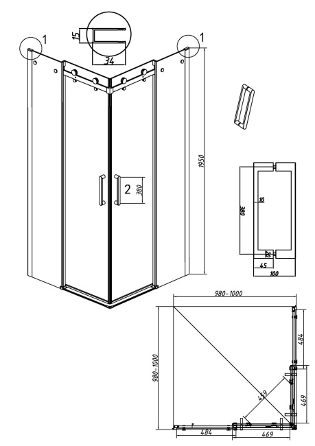 Grossman 300.K33.04.1010.10.00 Classic (100*100*195) квадрат,раздвижн,хром,стекло прозрачное, 2 места без поддона