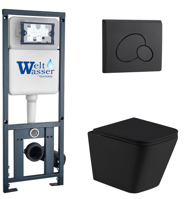 Унитаз с инсталляцией WeltWasser MARBERG 410 + GELBACH 043 MT-BL + MAR 410 RD MT-BL черный матовый/кнопка черная