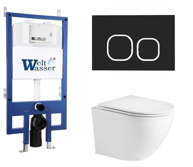 Унитаз с инсталляцией WeltWasser BAMBERG 545+MERZBACH 043 GL-WT+BAMBERG BL белый/кнопка черная, безободковый, с крышкой микролифт, слив торнадо